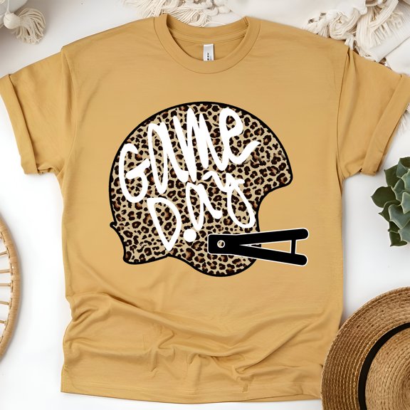 Leopard Game Day Helmet T-Shirt | Trendy Football Graphic Tee for Women, Gold, Size L