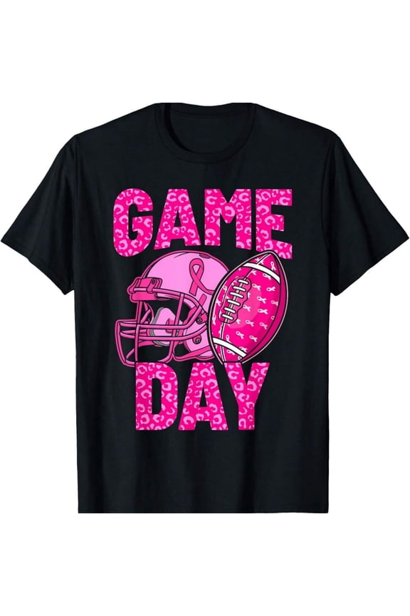 Leopard Game Day Pink American Football Tackle Breast Cancer T-Shirt