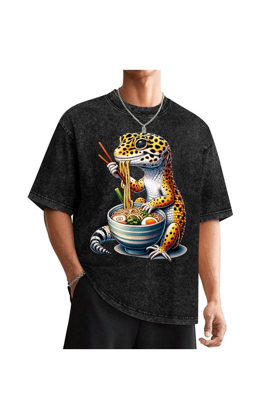 Leopard Gecko Ramen Eating Noodles Bowl Yummy Gecko T-Shirt Washed Tee