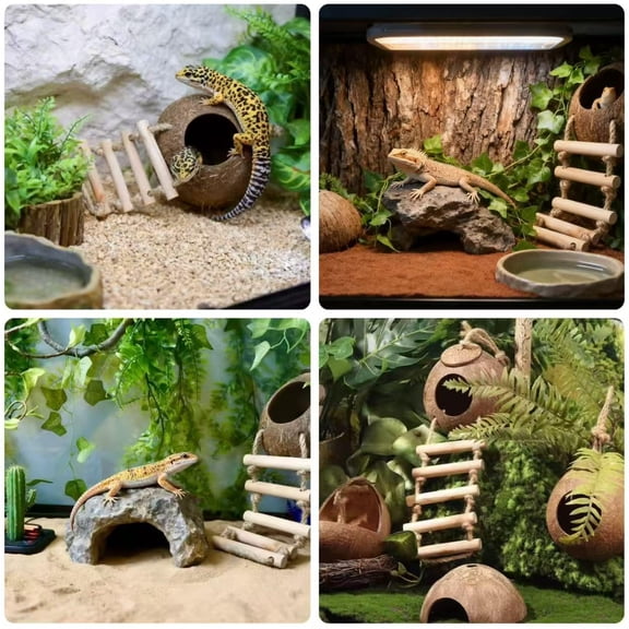 Leopard Gecko Tank Accessories. Reptile Hammock Vines Plants with Coconut Shell Ladder Hideout Decor for Bearded Dragon Lizard Chameleon Crested Gecko Tortoise Snake