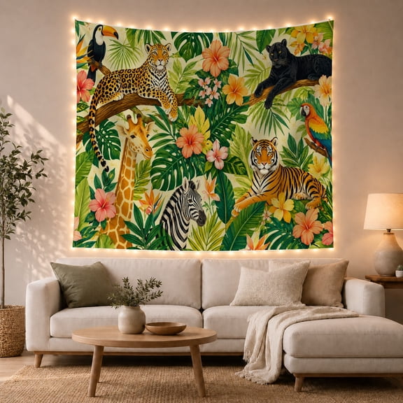Leopard, Giraffe, and Zebra in Tropical Foliage, Adventurous Illustration for Safari Enthusiasts, Exotic Jungle Wildlife Art, Housewarming Gift Tapestry Wall Hanging for Living Room and Bedroom