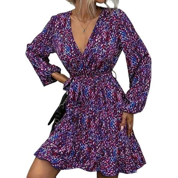 Leopard Glitter Dress Cheetah Ruffle Belted V Neck A Line Long Sleeve Elegant Casual Dress L