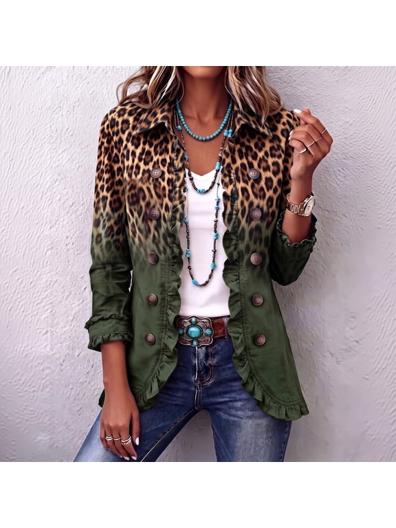 Leopard Gradient Blazers for Women Vintage Ruffled Lapel Collar Long Sleeve Jacket Single Breasted Casual Daily Office Coat Army Green XL