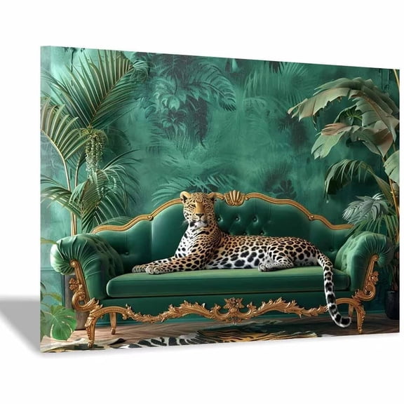 Leopard Green Velvet Sofa Canvas Wall Art, Tropical Animal Prints Painting for Living Room Bedroom Dining Room Decor, Framed Ready to Hang Ready to hang-30"L x 20"W