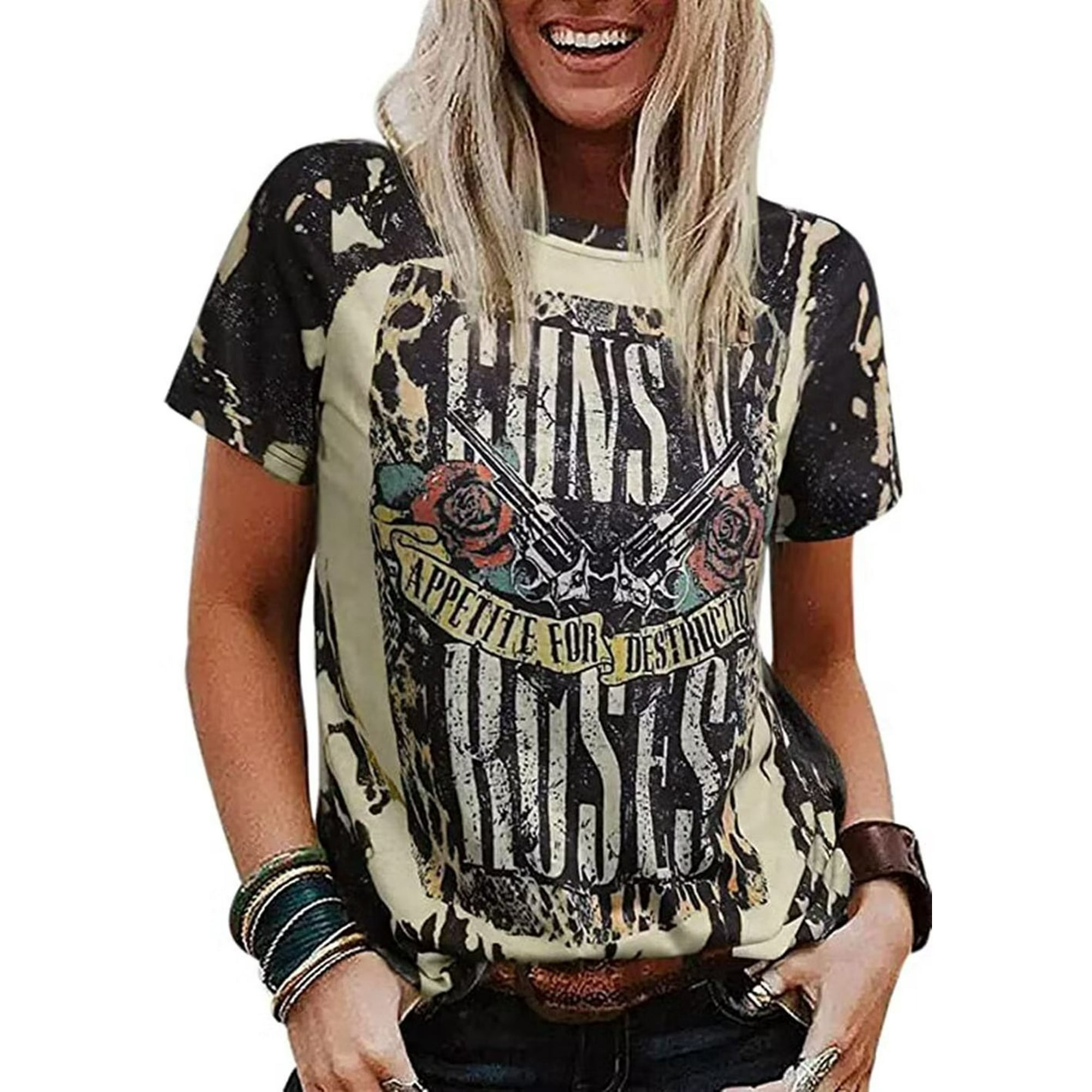 Leopard Guns N' Roses T-Shirt Women Rose Graphic Vacation Shirt