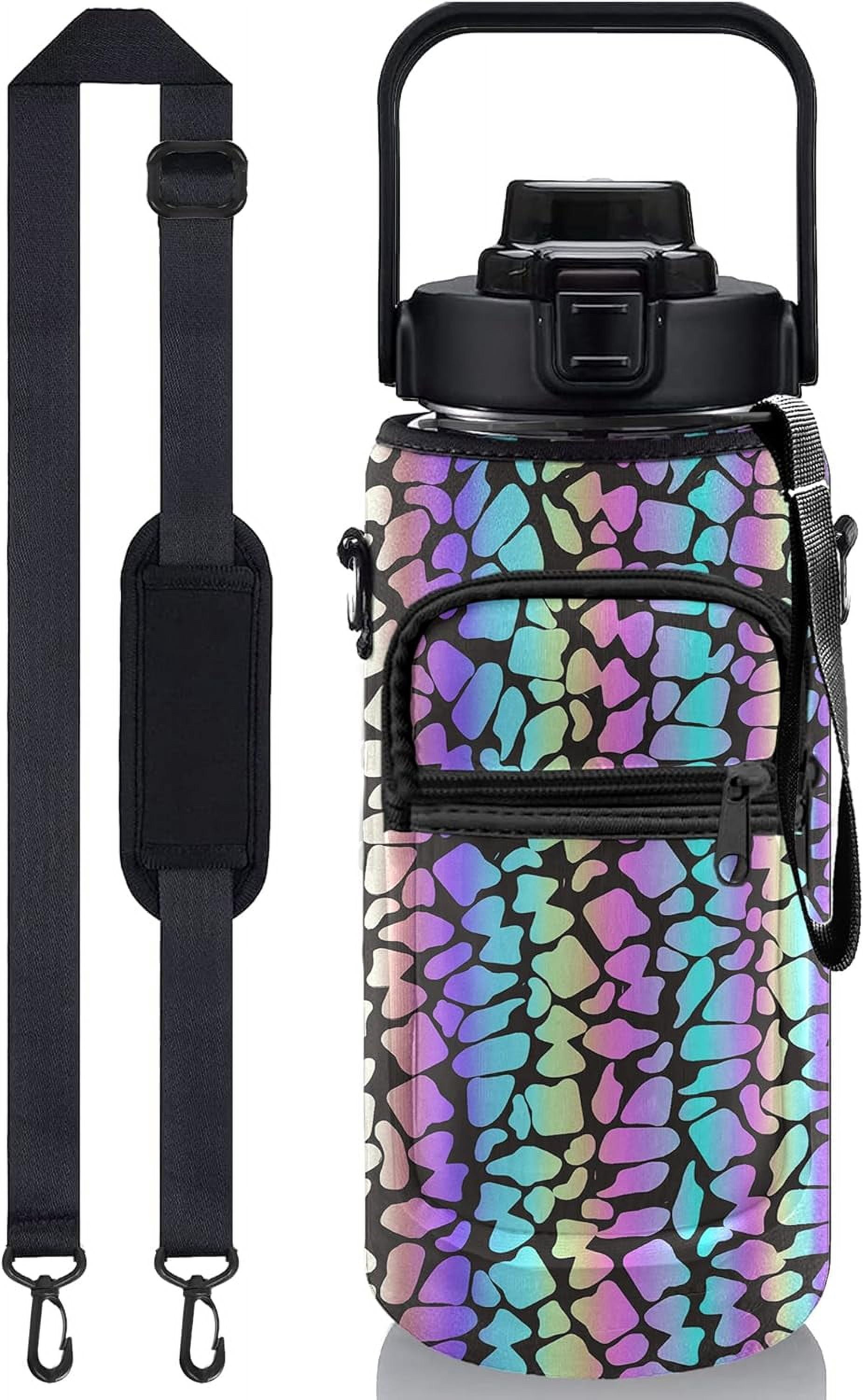 Leopard Half Gallon Water Bottle with Sleeve 1/2 Gallon Water Bottle 64 Oz Water Bottle with Time Marker, Motivational Water Bottle Half Gallon Water Bottle with Straw for Women Gym Yoga Pregnance
