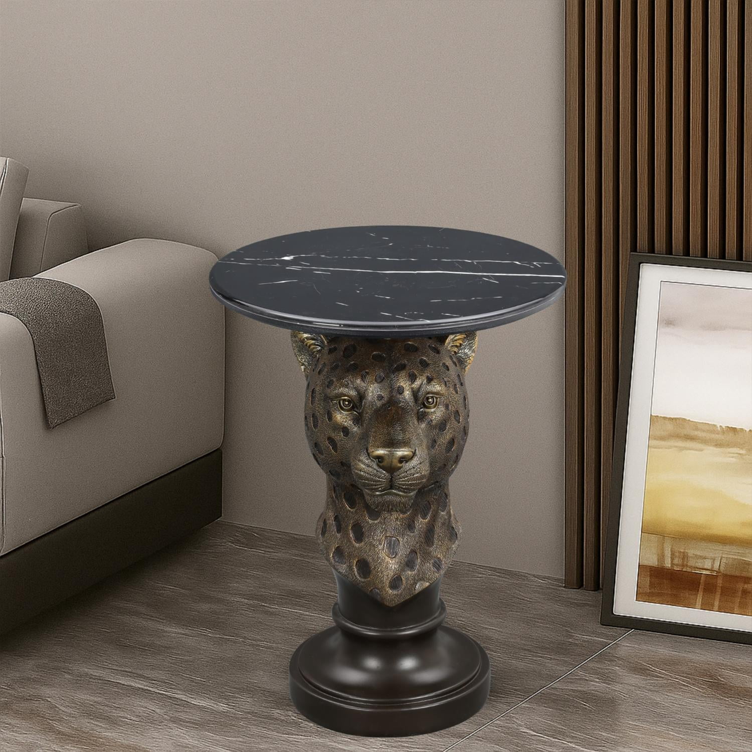 Leopard Head Accent Table, Animal Statue End Table with Faux Marble Top, Resin Sculpture Side Table for Living Room, Hallway, Boutique Display, Antique Brown