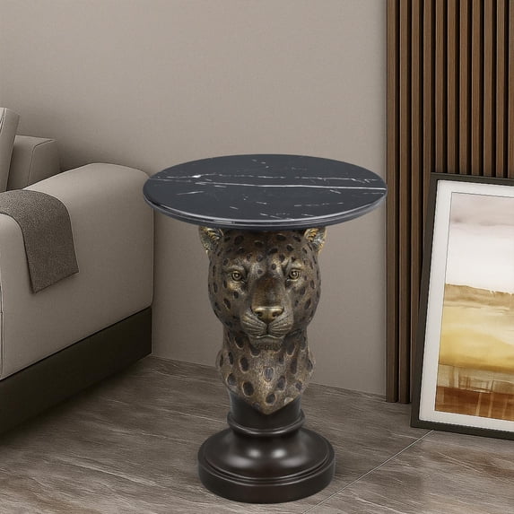Leopard Head Accent Table, Animal Statue End Table with Faux Marble Top, Resin Sculpture Side Table for Living Room, Hallway, Boutique Display, Antique Brown