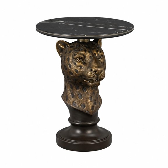 Leopard Head Accent Table with Faux Marble Top and Durable Resin Base for Living Room Hallway or Boutique Display