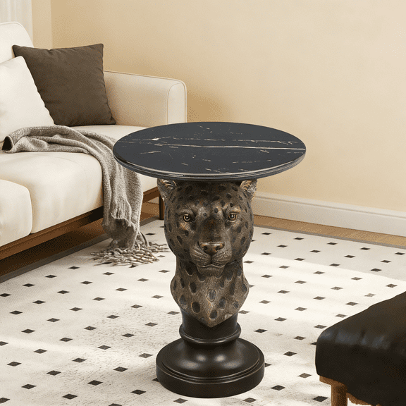 Leopard Head Animal Statue End Table | Solid Resin Accent Table for Living Room, Wild Sculpture Side Table for Home Decor