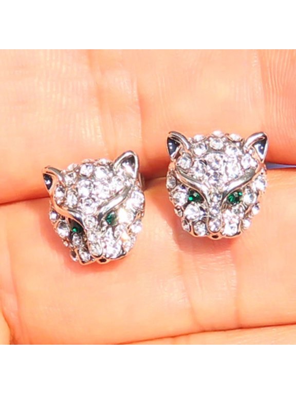 Leopard Head Stud Earrings for Women Gift Hip Hop Jewelry Cool Rhinestone Animal Earrings