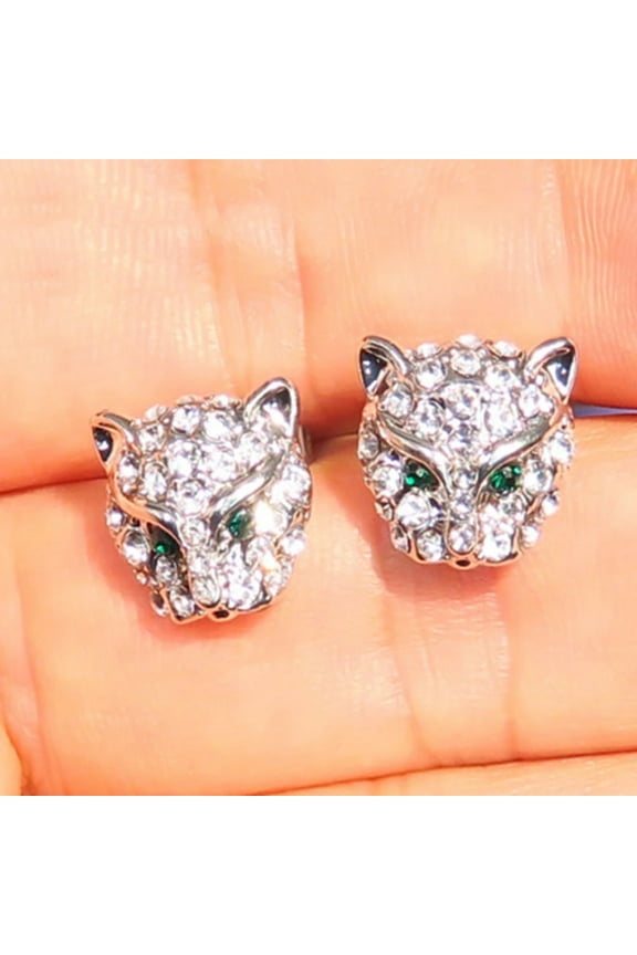 Leopard Head Stud Earrings for Women Gift Hip Hop Jewelry Cool Rhinestone Animal Earrings