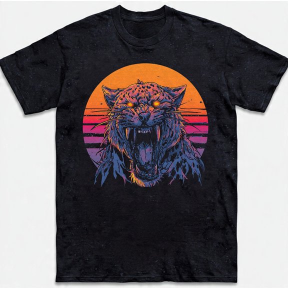 Leopard Head Synthwave Sunsets Retro Vintage Roaring Big Cat Gift Tee