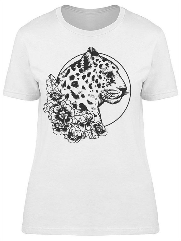 . Leopard Head With Flowers T-Shirt Women -Image by Shutterstock, Female Small