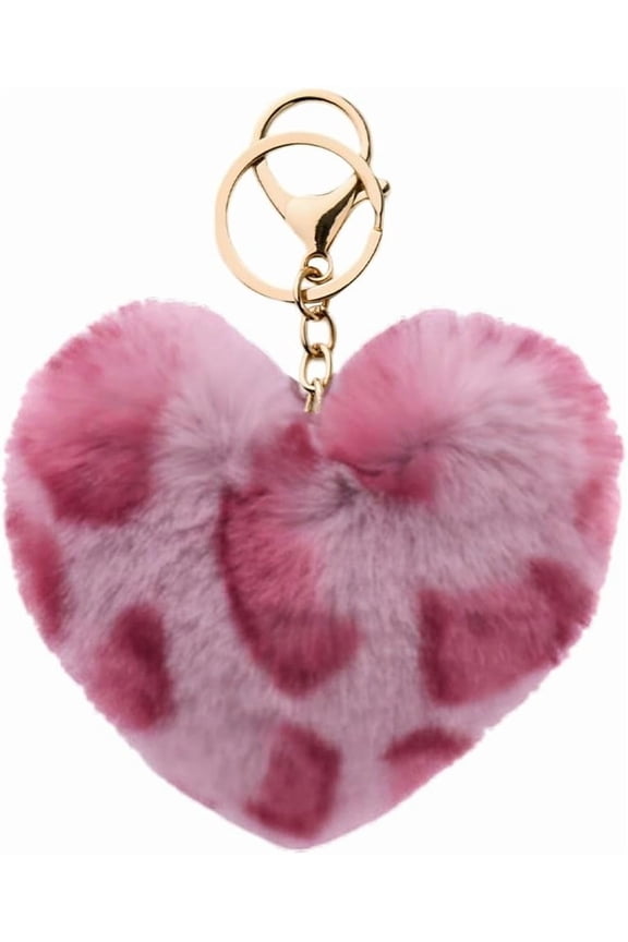 Leopard Heart Keychain Fuzzy Fluffy Leopard Print Keychain for Women Girls Girlfriend Bday Xmas Gift Ideas