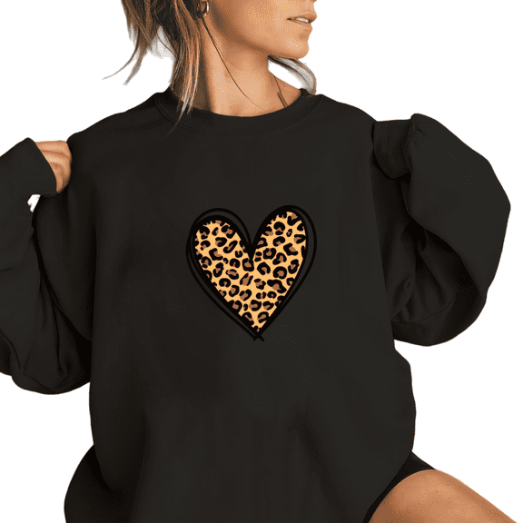 Black Print Sweatshirt Graphic Sweatshirt S-3XL Valentine's Day Cute Leopard Love Effortless for Daily Wear Tops