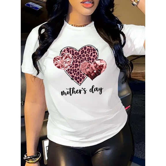 Leopard Heart Print T-shirt Women's Casual Short Sleeve Crew Neck Top Stylish All season Clothing