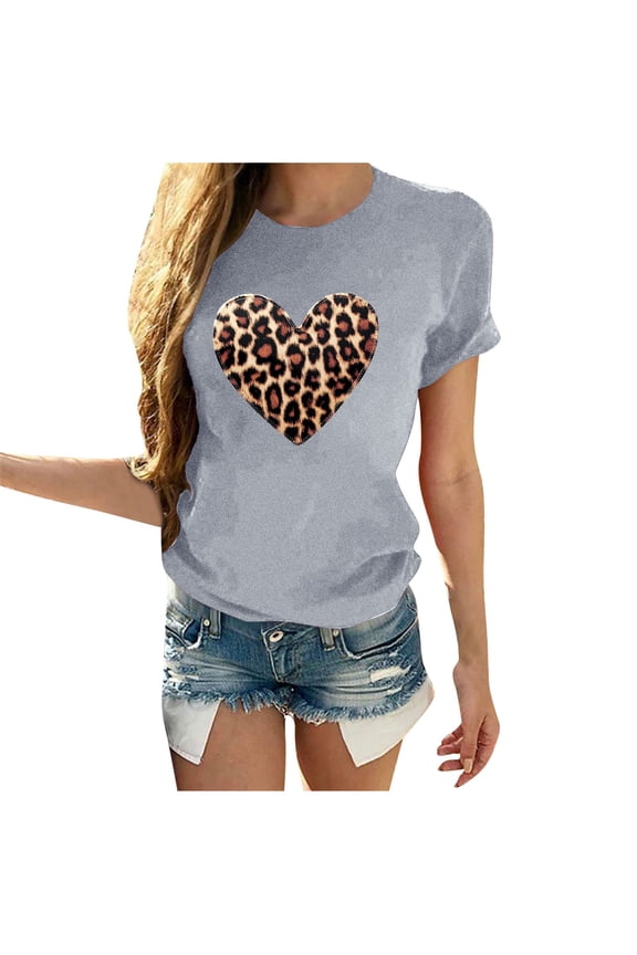 Leopard Heart Shirts for Womens Valentines Graphic Tops Trendy Cute Crewneck Short Sleeve Tee Shirt