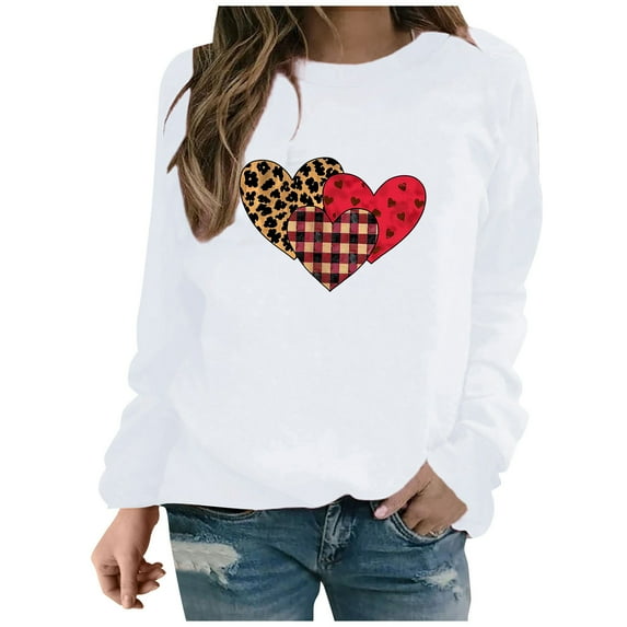 Leopard Heart Sweatshirts for Valentine's Day Womens Cute Long Sleeve Crewneck Pullover Top Outfits