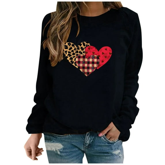 Leopard Heart Sweatshirts for Valentine's Day Womens Cute Long Sleeve Crewneck Pullover Top Outfits
