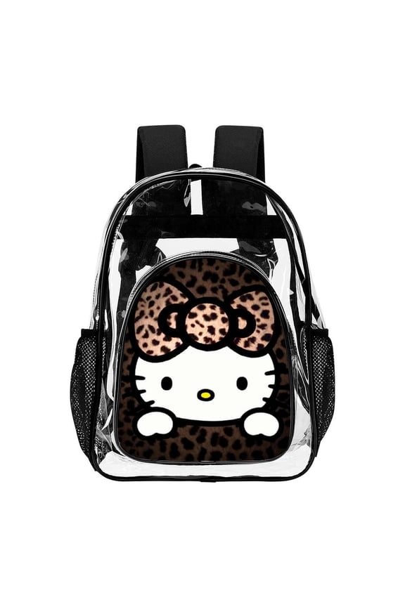 Leopard Hello Kitty9853 Clear Backpack Transparent Heavy Duty Bookbag Large PVC Laptop Bag Adjustable Shoulder Straps with Mesh Side Pockets for College Work Travel Stadium Concert