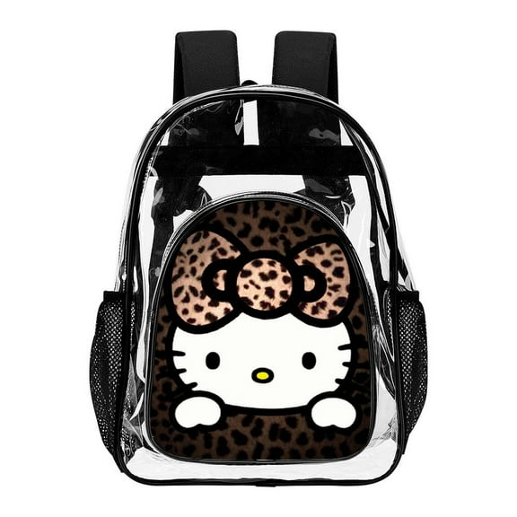 Leopard Hello Kitty9853 Clear Backpack Transparent Heavy Duty Bookbag Large PVC Laptop Bag Adjustable Shoulder Straps with Mesh Side Pockets for College Work Travel Stadium Concert