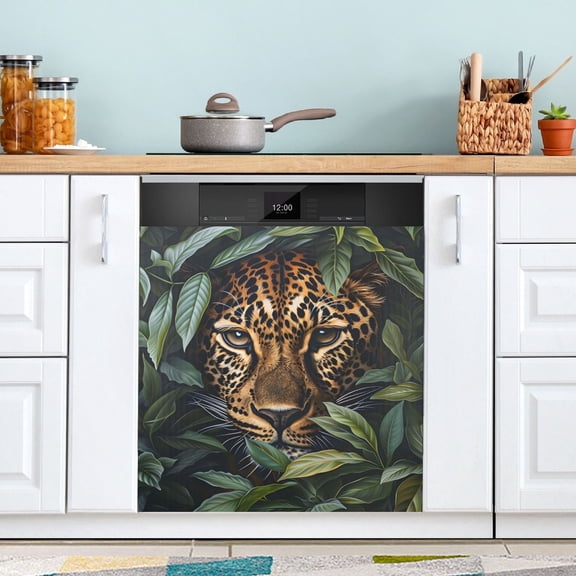 Leopard Hiding in Leaves Dishwasher Magnet Cover Magnetic Fridge Door Cover Home Kitchen Decor 23"x 26"