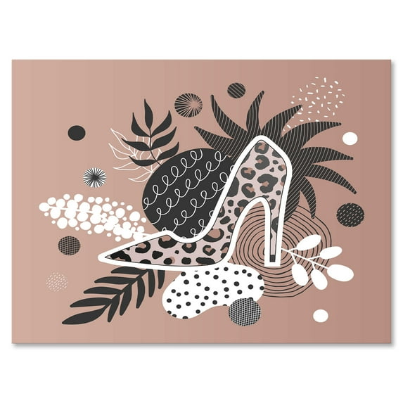 Leopard High-Heeled Shoes On Tropical Leaves 12 in x 8 in Painting Canvas Art Print, by Designart