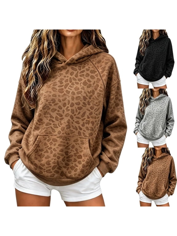 Leopard Hoodie for Women Long Sleeve Camo Sweatshirt Oversized Pullover, Oversized Silhouette, Fashion, Quilted Placket Detail, Leopard Print, Comfort Soft, Fall, Winter, Clothing Light Brown XL