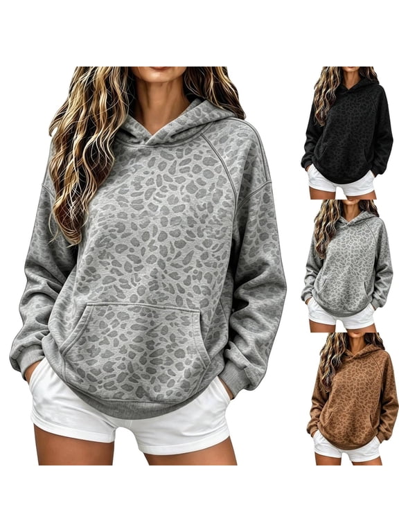 Leopard Hoodie for Women Long Sleeve Camo Sweatshirt Oversized Pullover, Oversized Silhouette, Fashion, Quilted Placket Detail, Leopard Print, Comfort Soft, Fall, Winter, Clothing Gray XL