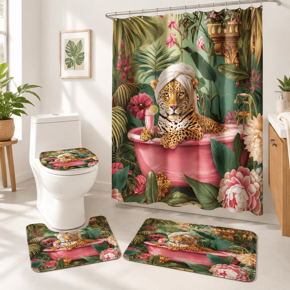 Leopard Hot Pink Bathtub 4bathroom Shower Curtain Set With Rugs ...