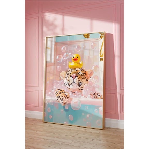 Leopard In Bathtub Art Print, Preppy Pink & Teal Bathroom Decor Home Decor #2300, Unframed Poster Size 8x12