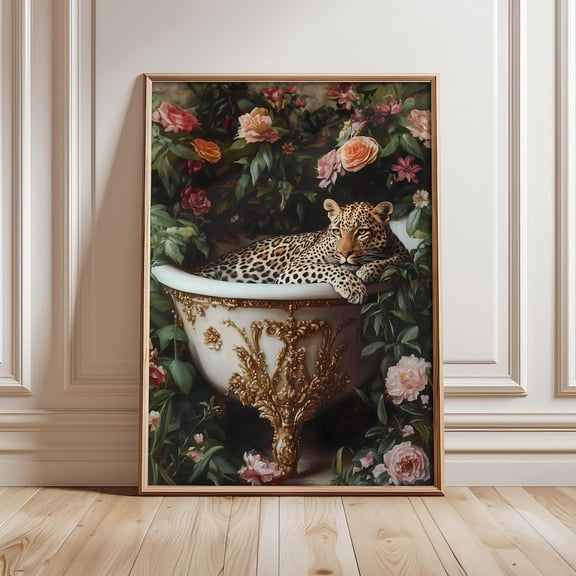 Leopard In Bathtub Art Vintage Floral Bathroom Decoration Unframed Paper Print