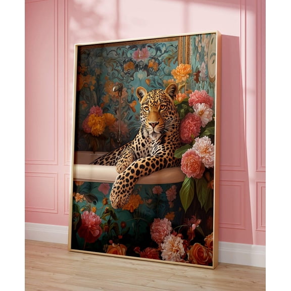 Leopard In Floral Bathtub Poster, Boho Chic Bathroom Decor