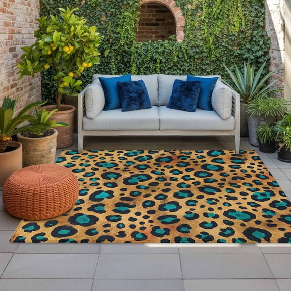 Leopard Indoor Outdoor Rugs 4x6 Ft, Brown Leopard Print Accented with Bright Blue Patches Outdoor Patio Rugs Mat Washable Outside Area Rugs Carpet for Porch Deck RV Camping Pool Balcony Backyard