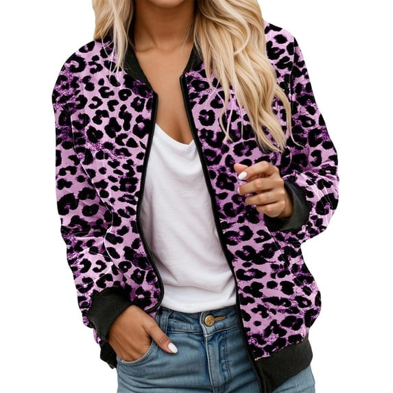 Leopard Jacket Womens Leopard Hoodies Plus Size Coat Animal Jacket Stand Collar Full Zip Front Cheetah Print Jacket Purple S