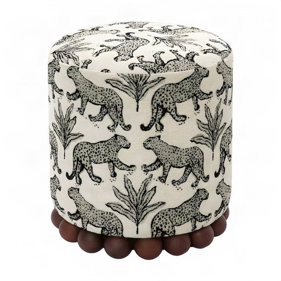 Leopard Jacquard-Upholstered Ottoman Footstool with Rubberwood Legs, Cream