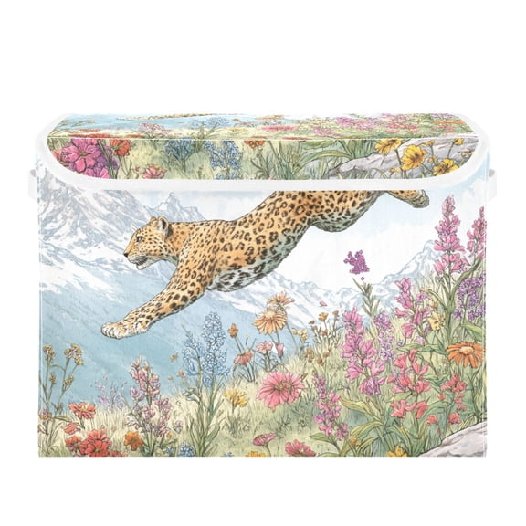 Leopard Jumping From Hill Foldable Storage Bins with Lids Handles Collapsible Storage Containers Tote Boxes 16.5 x 12.6 x 11.8 inches