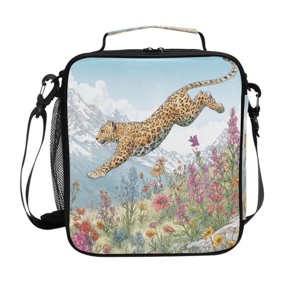 Leopard Jumping From Hill Insulated Lunch Bag Reusable Lunch Box Lunch Container with Straps