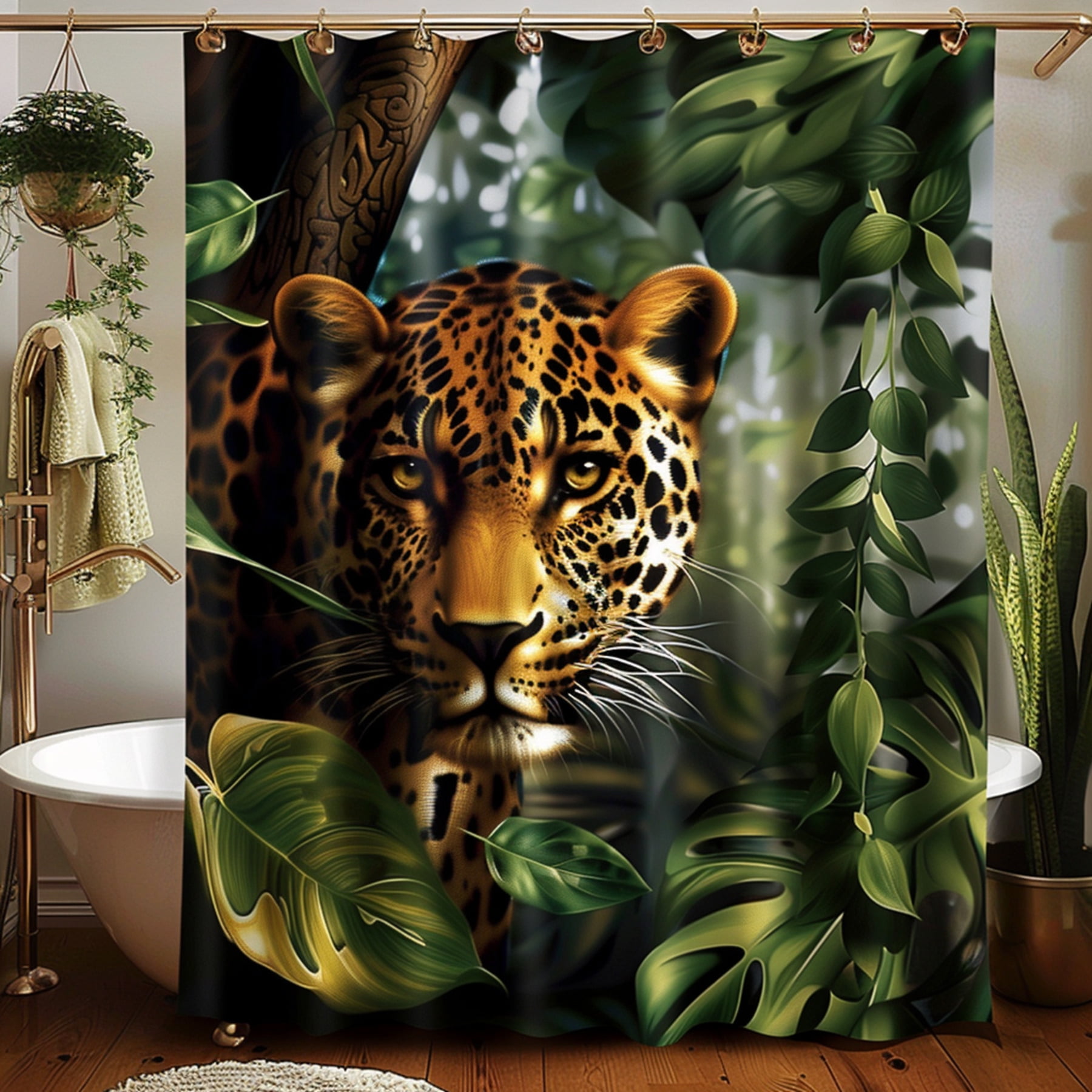 Leopard Jungle Shower Curtain Hyper Realistic Nature Design Bathroom