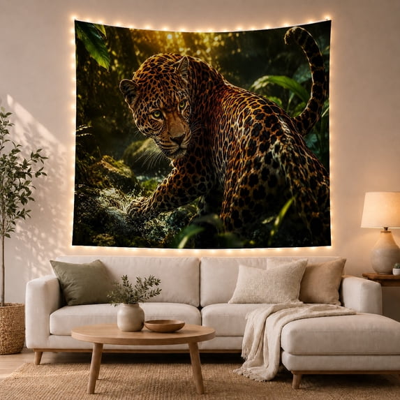 Leopard in Jungle Stream with Wet Rocks, Dramatic Realistic Illustration for Wildlife Lovers, Jungle Wall Art, Housewarming Gift, Tapestry Wall Hanging for Bedroom and Living Room