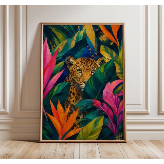 Leopard Jungle Wall Art Colourful Tropical Animal Art Abstract Leopard Maximalist Botanical Wall Decor, Unframed Paper Print