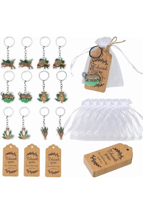 Leopard Keychain Party Favor, 12 Pack Cheetah Keychains Include Thank You Tags with String and White Organza Bags for Jungle Animal Birthday Party Favors, Forest Animal Themed Party Favors