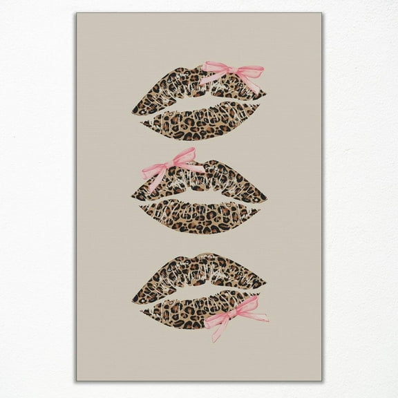 Leopard Kiss Lips Canvas Wall Art, Lips Art Printing Pink Bows Aesthetic Poster, Trendy Cheetah Print Wall Decor, Coquette Fashion Girly Wall Picture for Bedroom Living Room
