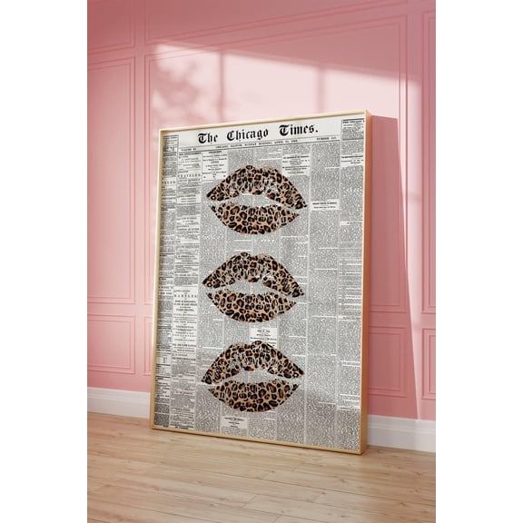 Leopard Kiss Lips Newspaper Aesthetic Girly Dorm Room Wall Art, Unframed Canvas 8x10in