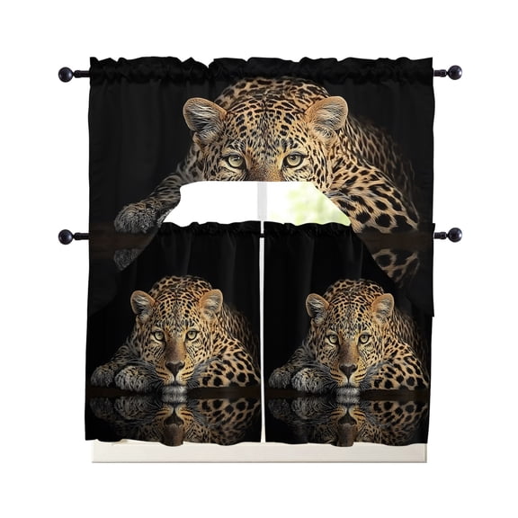 Leopard Kitchen Curtains Set for Windows 3 Piece Cafe Curtains 36 Inch Length Swag Curtains Valances and Tier Set Farmhouse Animal Water Reflection Drapes for Bedroom Bathroom Living Room