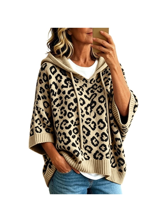 Leopard Knit Hoodie Sweatshirt For Relaxed Fit Hooded Knitwear Top Casual Pullover Drawstring Sweater Activewear
