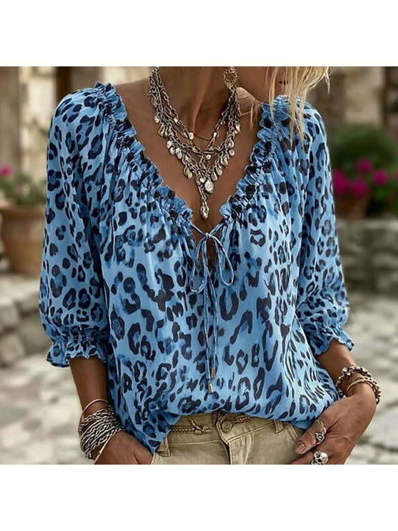 Leopard Lace Up Blouse for Women, V Neck 3/4 Sleeve Peasant Top,S