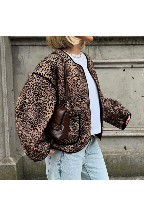 Leopard Lightweight Quilted Jackets For Women Open Front Long Sleeve Crewneck Cropped Jacket Outwear Women's Winter Jackets plus Size plus Size Western Wear 2xl Womens Winter Coat Rain Jacket for plus