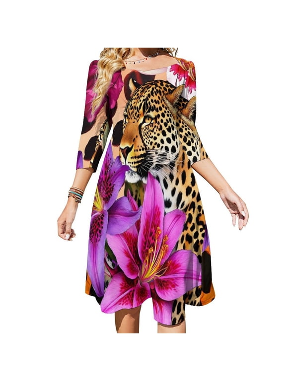 Leopard Lilies Vibrant Jungle Print Women's Fall Dresses Casual Loose Flowy Swing Shift Dress